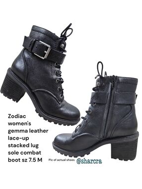 Zodiac women's gemma leather lace-up lug sole Side Zip combat boots Black 7.5 M